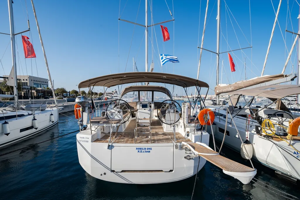 Exterior view of Nobilis One, a Jeanneau 54 sailboat at Lavreotiki Municipal Unit, Greece