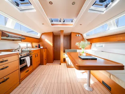 Salon of Nobilis One, a Jeanneau 54 sailboat at Lavreotiki Municipal Unit, Greece