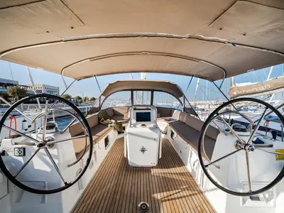 Cockpit of Nobilis One, a Jeanneau 54 sailboat at Lavreotiki Municipal Unit, Greece