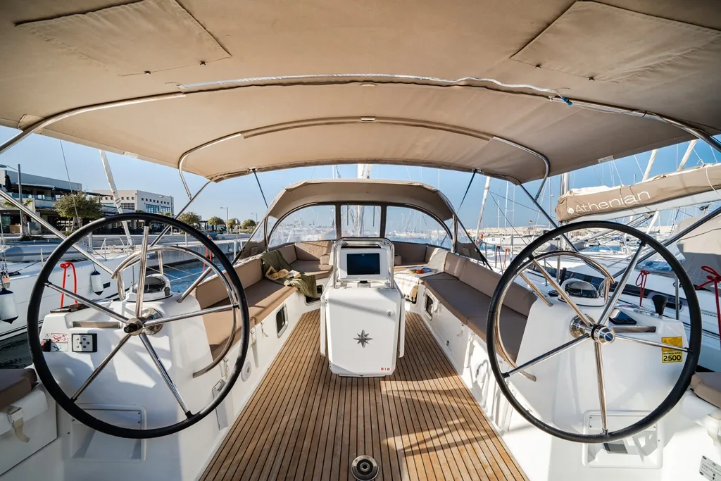 Cockpit of Nobilis One, a Jeanneau 54 sailboat at Lavreotiki Municipal Unit, Greece