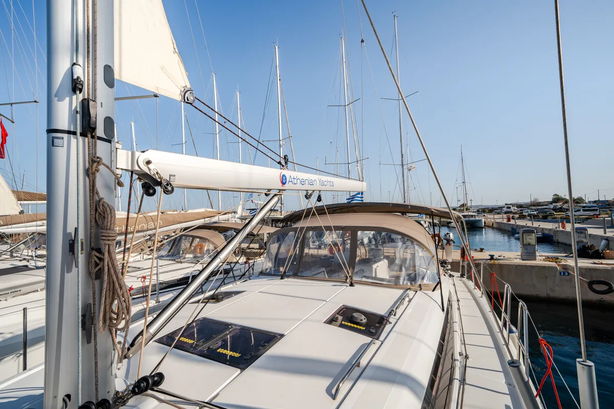Exterior view of Nobilis One, a Jeanneau 54 sailboat at Lavreotiki Municipal Unit, Greece