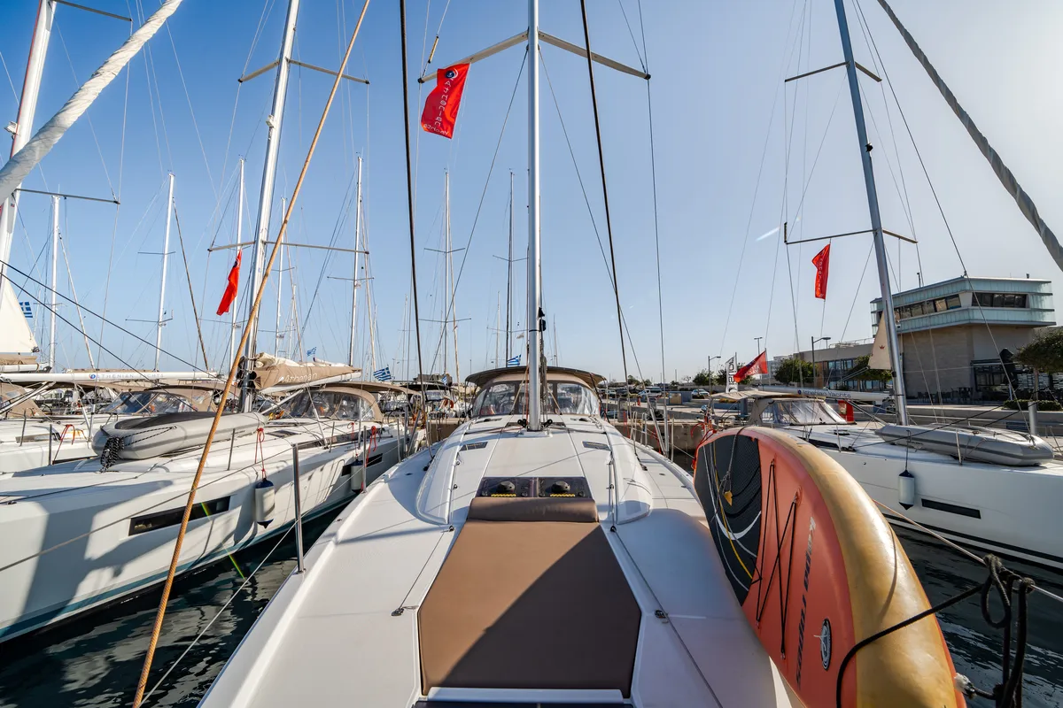 Exterior view of Nobilis One, a Jeanneau 54 sailboat at Lavreotiki Municipal Unit, Greece