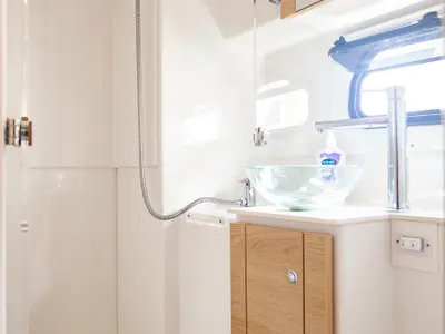 Galley of Le Andra, a Bali 4.5 catamaran at Marmaris, Turkey