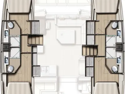 Floor plan of Le Andra, a Bali 4.5 catamaran at Marmaris, Turkey
