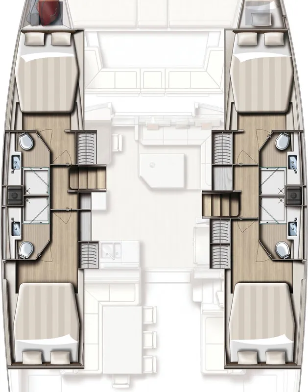 Floor plan of Le Andra, a Bali 4.5 catamaran at Marmaris, Turkey