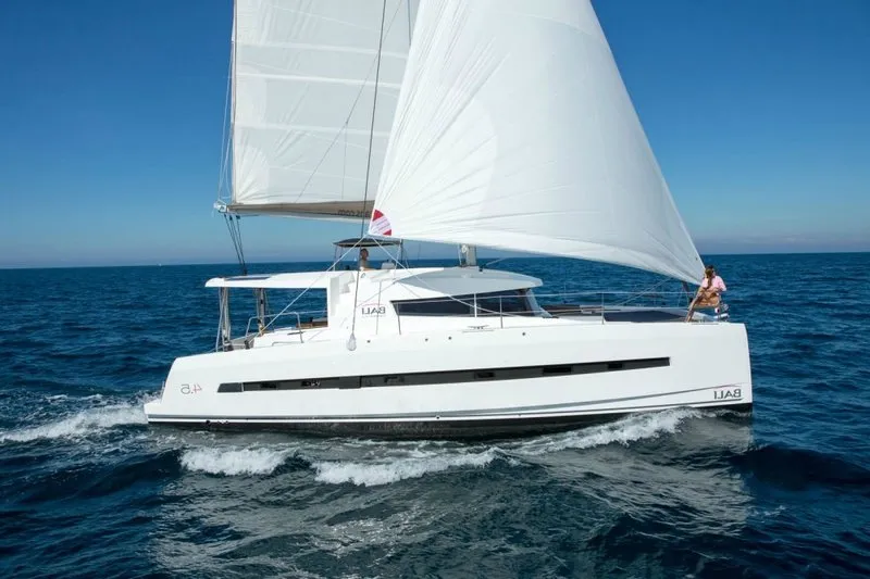 Exterior view of Le Andra, a Bali 4.5 catamaran at Marmaris, Turkey