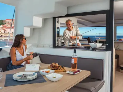 Deck of Le Andra, a Bali 4.5 catamaran at Marmaris, Turkey