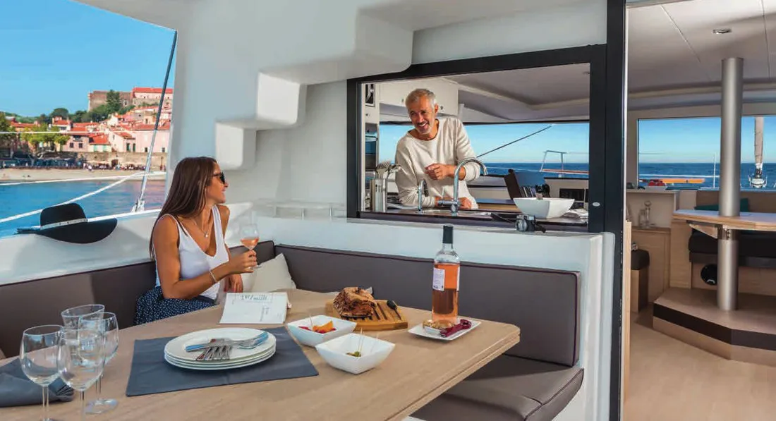 Deck of Le Andra, a Bali 4.5 catamaran at Marmaris, Turkey