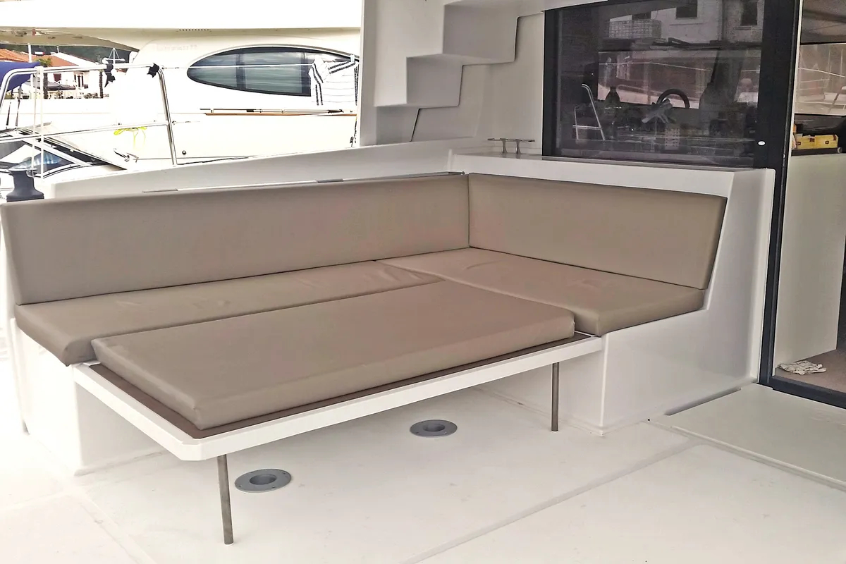 Deck of Le Andra, a Bali 4.5 catamaran at Marmaris, Turkey
