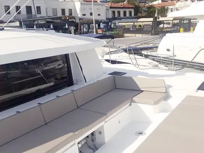 Deck of Le Andra, a Bali 4.5 catamaran at Marmaris, Turkey