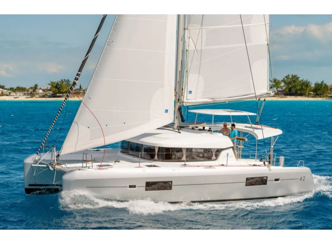 Exterior view of Blueskin, a Lagoon 42 catamaran at Roche Caiman, Seychelles