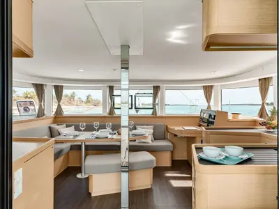 Salon of Blueskin, a Lagoon 42 catamaran at Roche Caiman, Seychelles