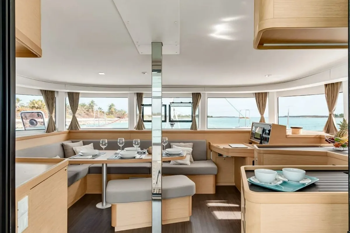 Salon of Blueskin, a Lagoon 42 catamaran at Roche Caiman, Seychelles