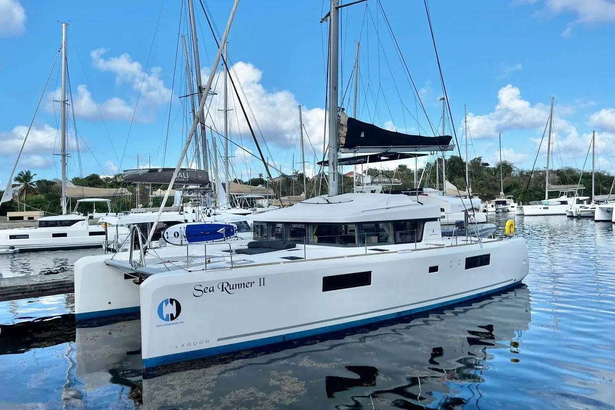 Exterior view of Sea Runner II, a Lagoon 52 catamaran at Parham Town, British Virgin Islands