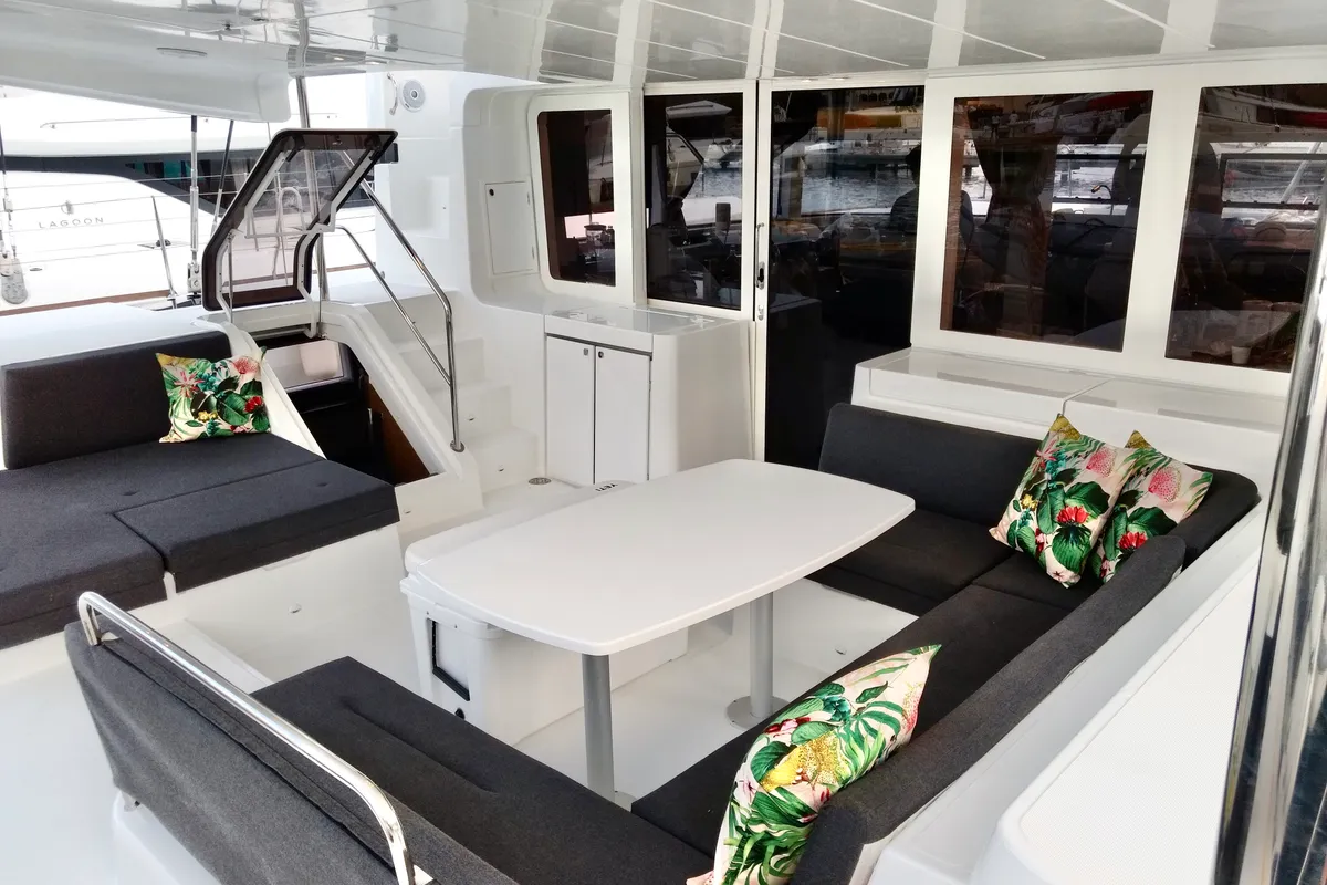 Salon of Sea Runner II, a Lagoon 52 catamaran at Parham Town, British Virgin Islands