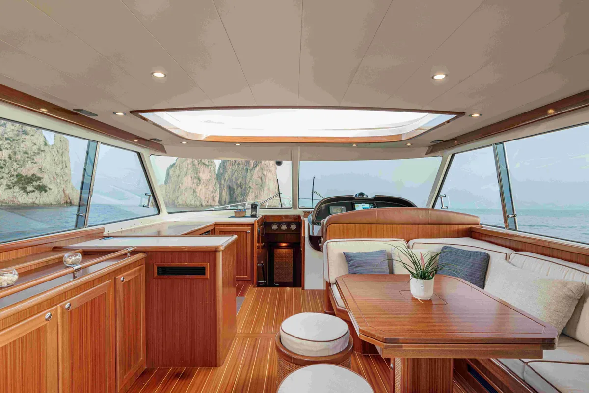 Salon of Magistra, a Gulet Apreamare 60 motor yacht at Castellammare di Stabia, Italy