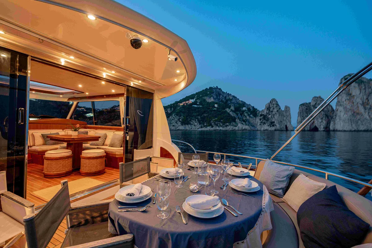 Deck of Magistra, a Gulet Apreamare 60 motor yacht at Castellammare di Stabia, Italy