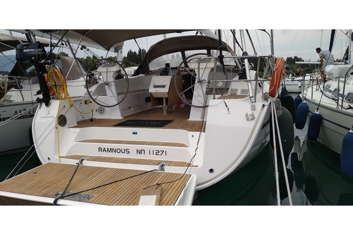 Cockpit of Ramnous, a Bavaria Cruiser 51 sailboat at Kontokali, Greece