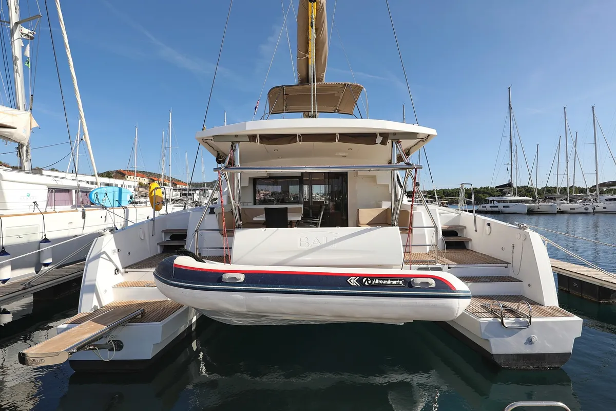 Exterior view of Karina V, a Bali 4.5 catamaran at Grad Trogir, Croatia