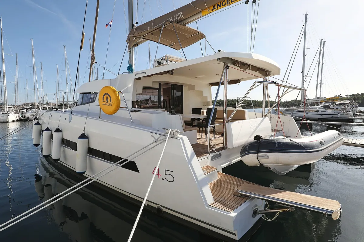 Exterior view of Karina V, a Bali 4.5 catamaran at Grad Trogir, Croatia