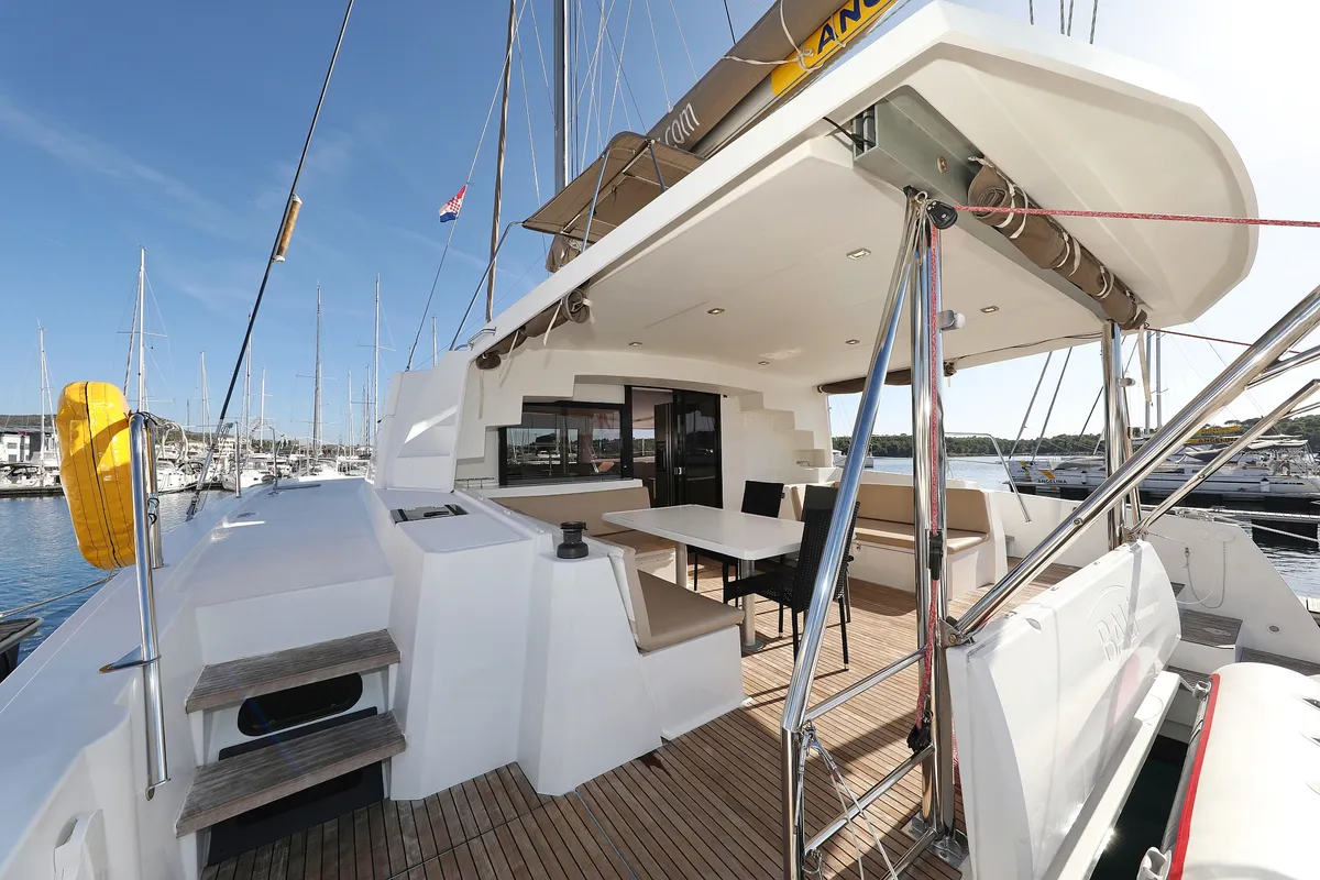 Deck of Karina V, a Bali 4.5 catamaran at Grad Trogir, Croatia