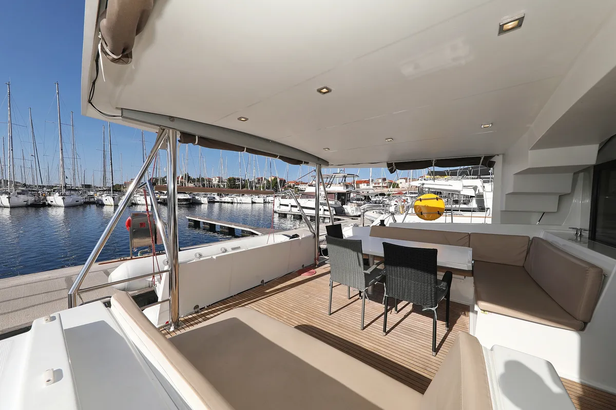 Deck of Karina V, a Bali 4.5 catamaran at Grad Trogir, Croatia