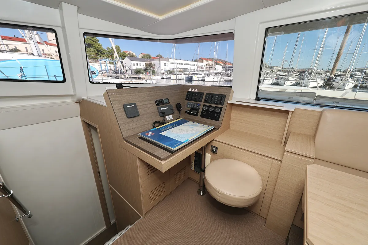 Cockpit of Karina V, a Bali 4.5 catamaran at Grad Trogir, Croatia