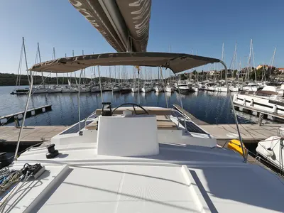 Cockpit of Karina V, a Bali 4.5 catamaran at Grad Trogir, Croatia
