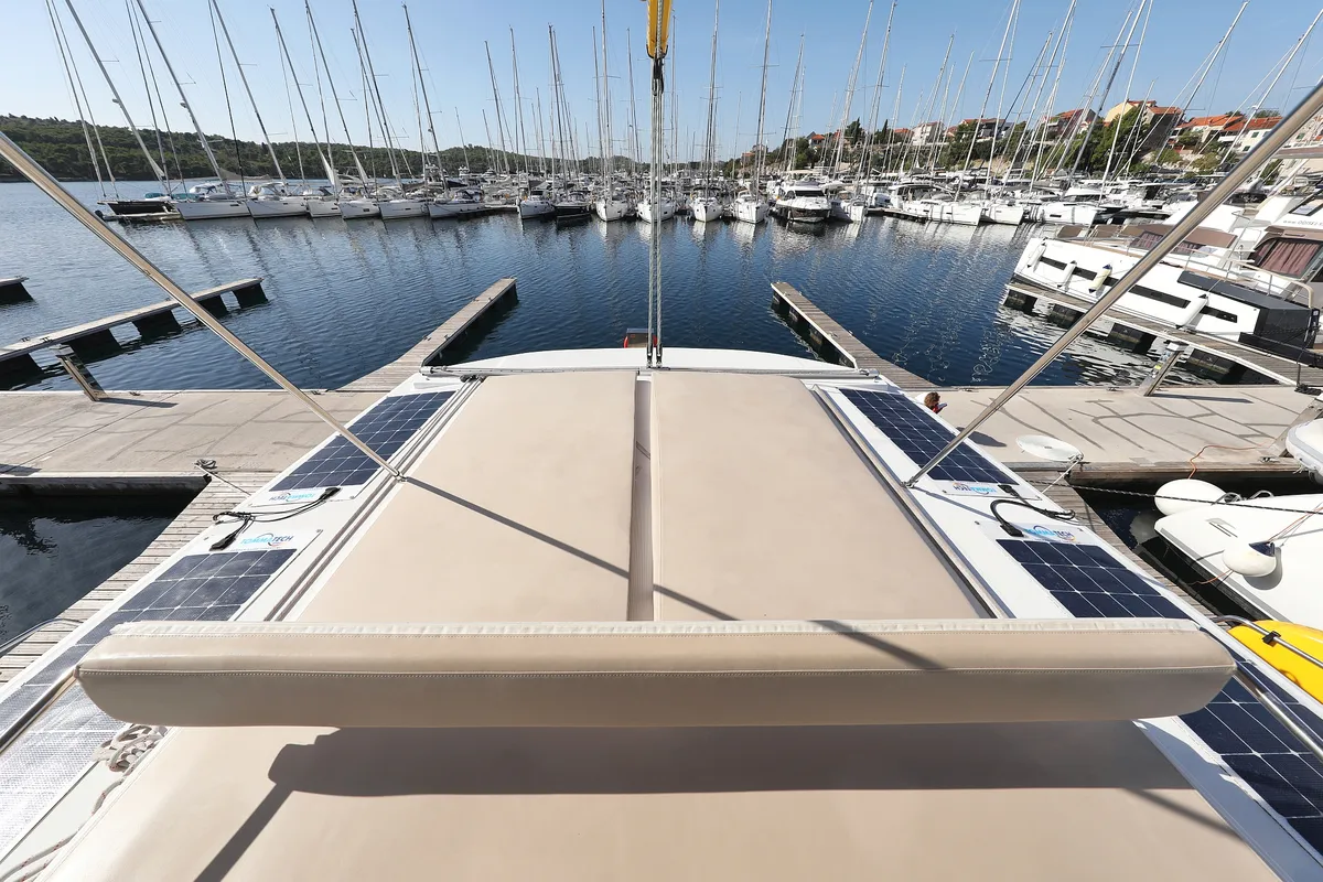 Exterior view of Karina V, a Bali 4.5 catamaran at Grad Trogir, Croatia