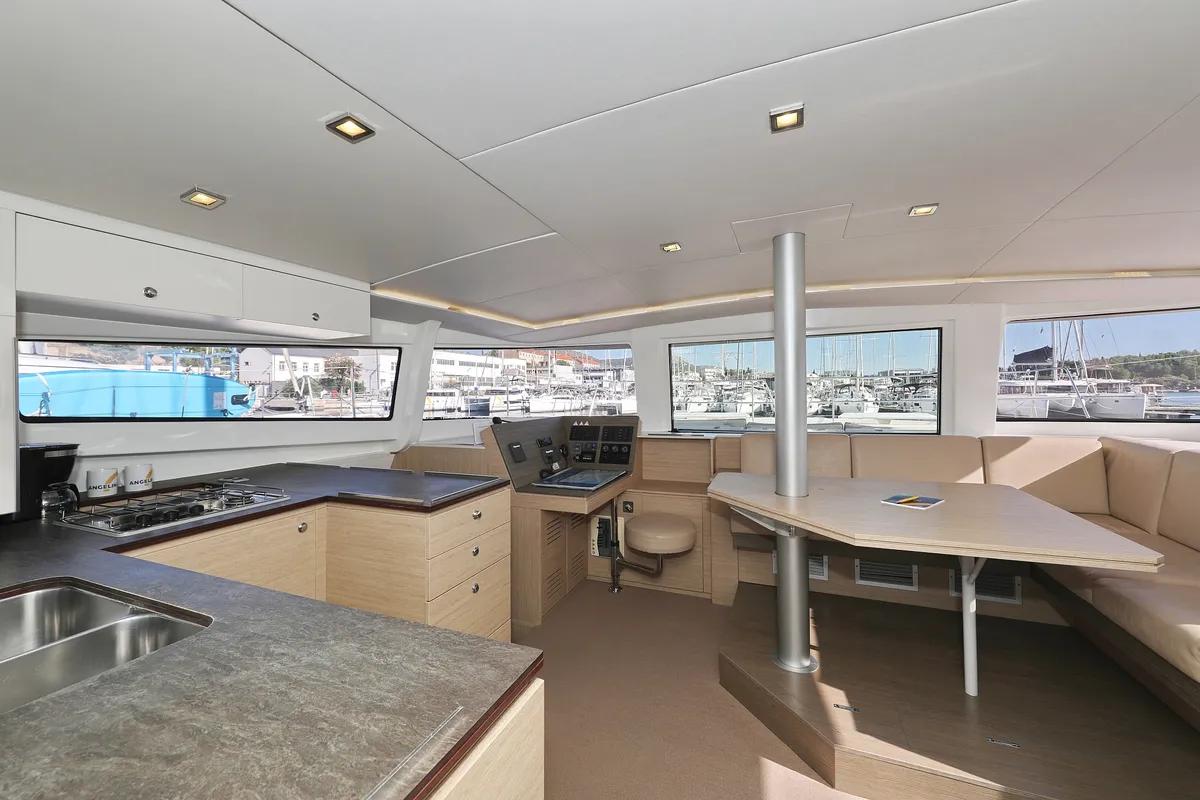 Salon of Karina V, a Bali 4.5 catamaran at Grad Trogir, Croatia