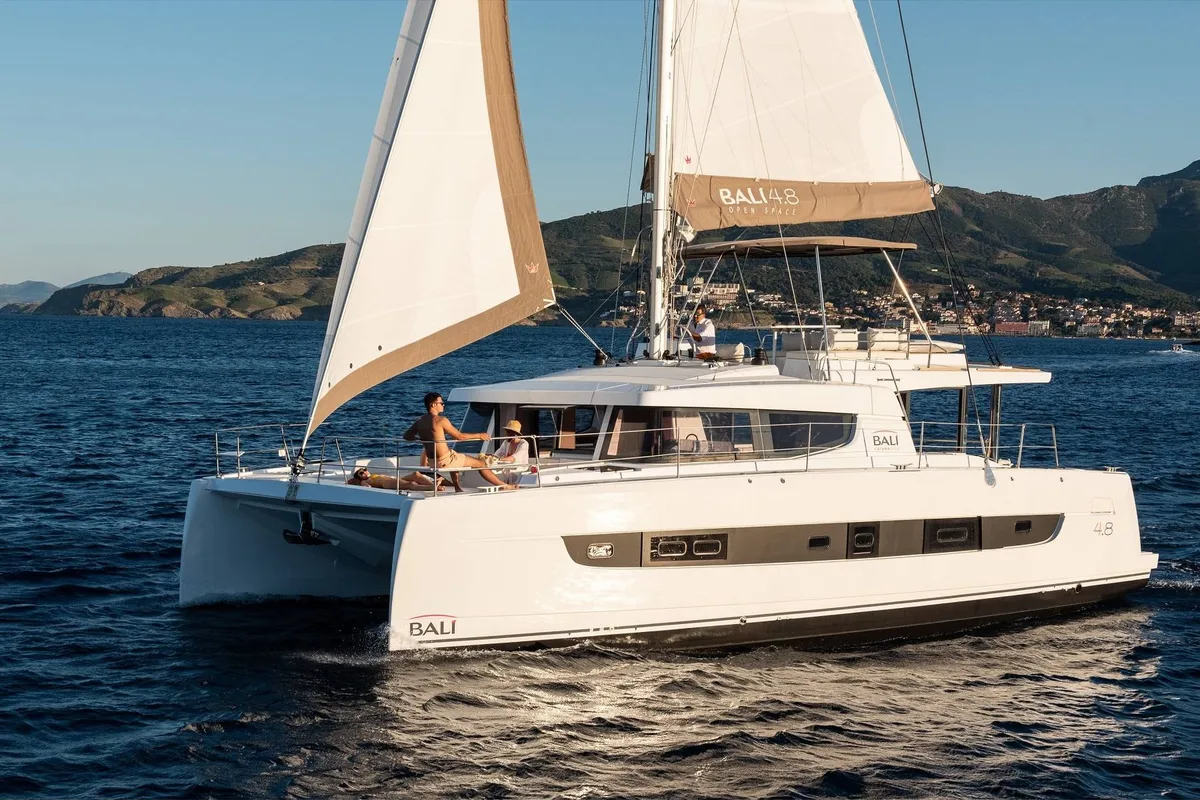 Exterior view of Surina, a Bali 4.8 catamaran at Palermo, Italy