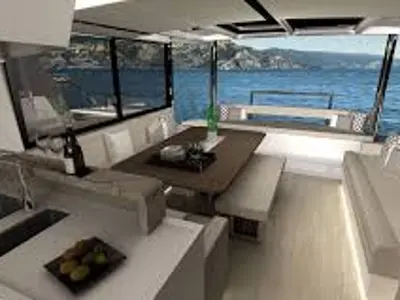 Salon of Surina, a Bali 4.8 catamaran at Palermo, Italy