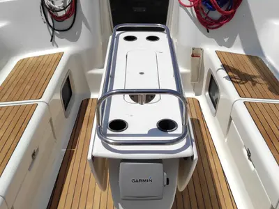 Cockpit of Evangelos, a Jeanneau Sun Odyssey 43 sailboat at Volos Municipality, Greece