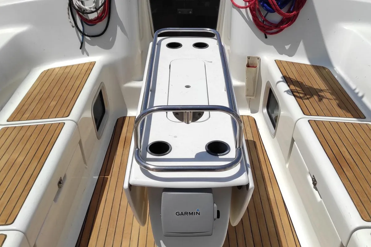 Cockpit of Evangelos, a Jeanneau Sun Odyssey 43 sailboat at Volos Municipality, Greece