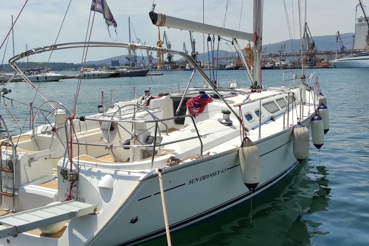 Exterior view of Evangelos, a Jeanneau Sun Odyssey 43 sailboat at Volos Municipality, Greece