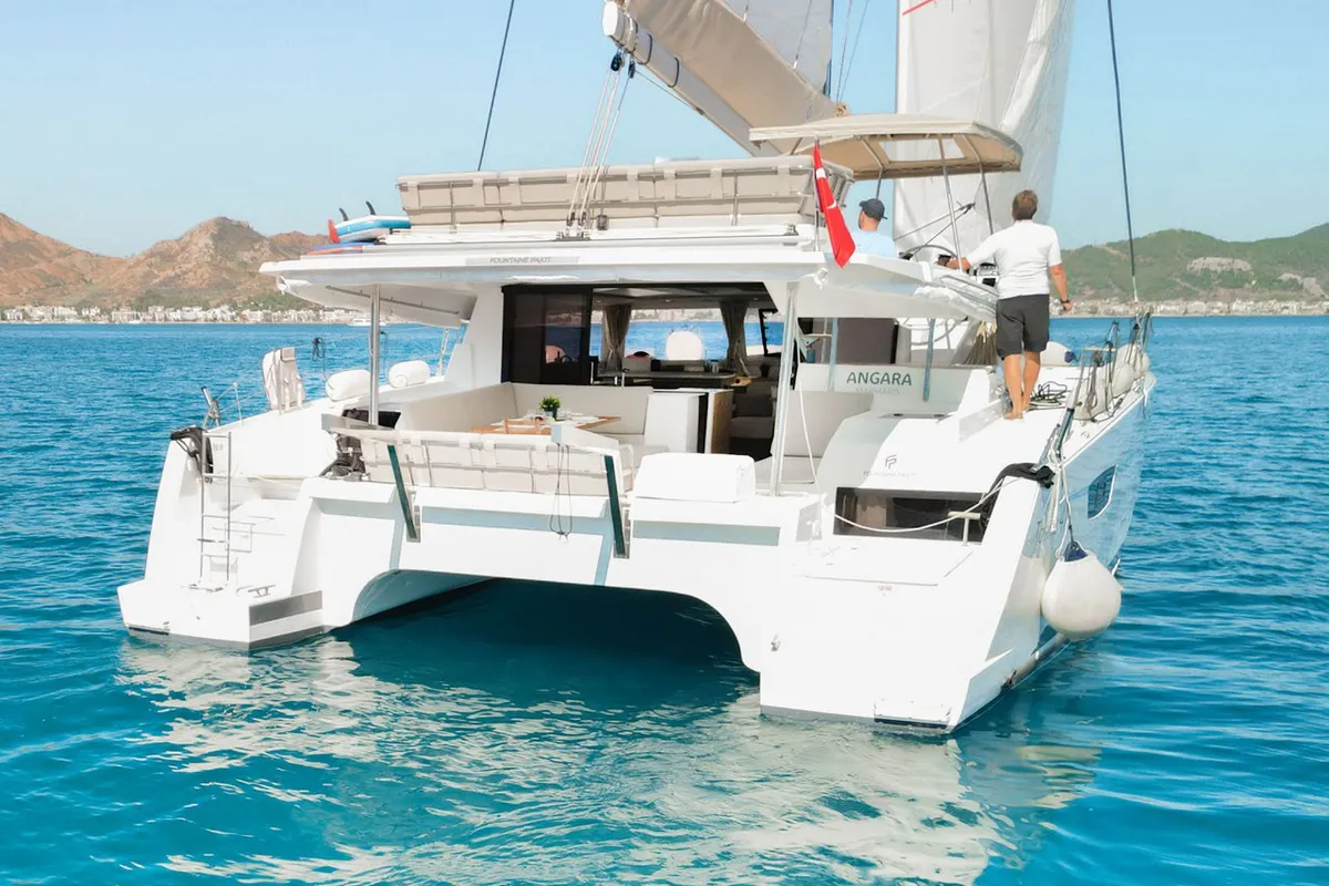 Exterior view of Angara, a Fountaine Pajot Tanna 47 catamaran at Marmaris, Turkey