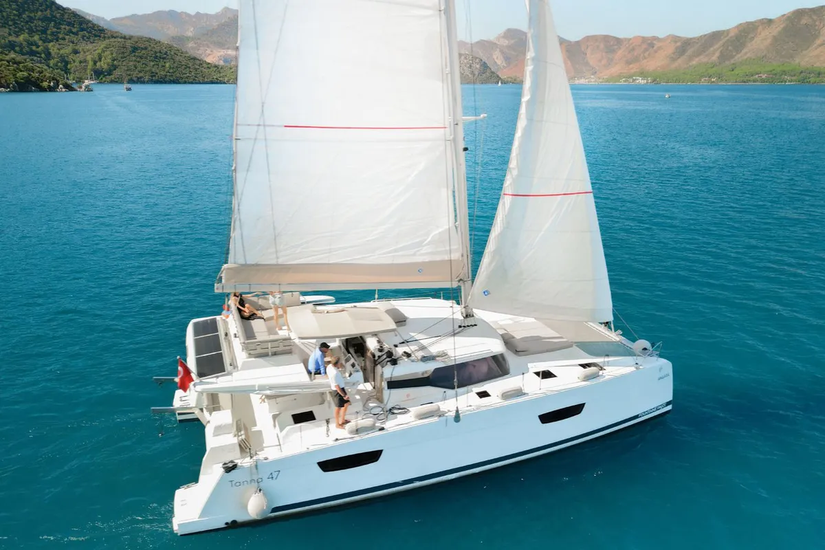 Exterior view of Angara, a Fountaine Pajot Tanna 47 catamaran at Marmaris, Turkey