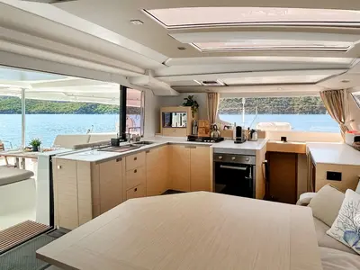Salon of Angara, a Fountaine Pajot Tanna 47 catamaran at Marmaris, Turkey