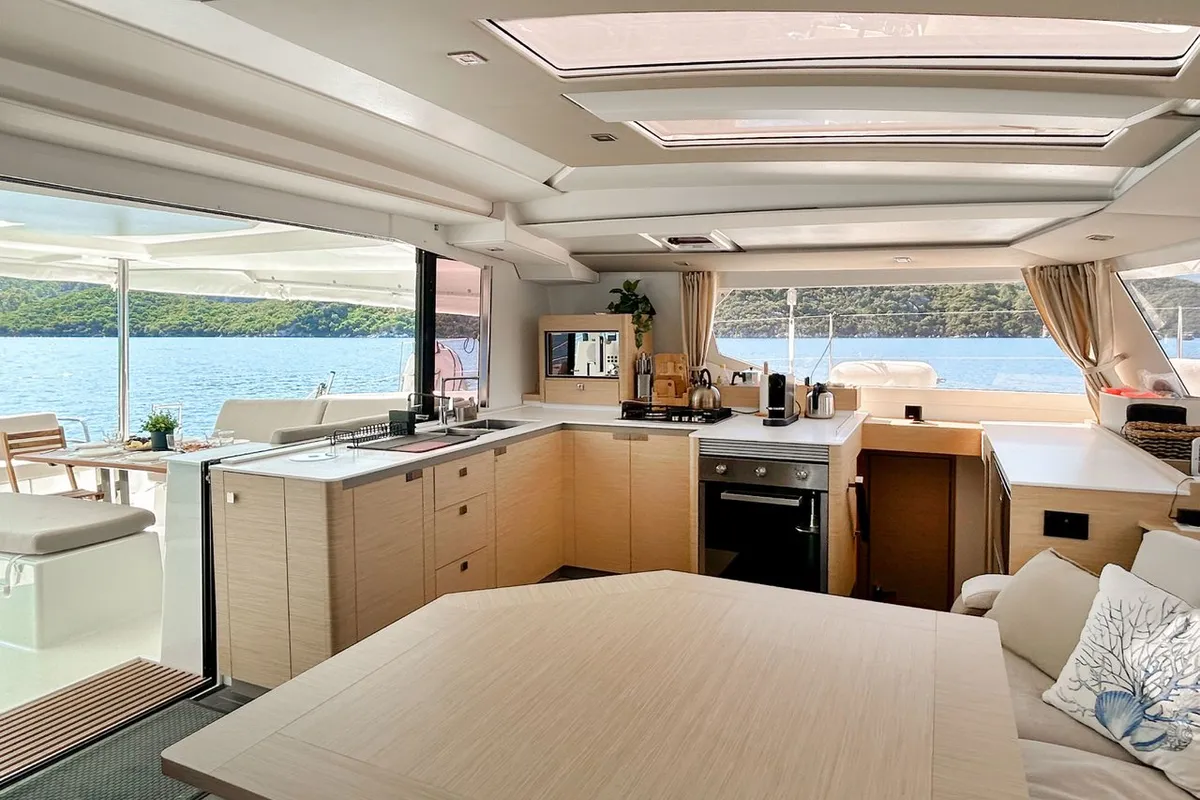 Salon of Angara, a Fountaine Pajot Tanna 47 catamaran at Marmaris, Turkey