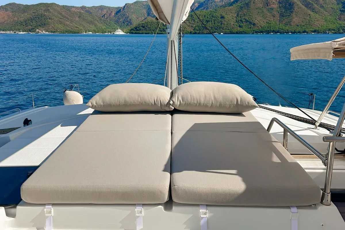 Deck of Angara, a Fountaine Pajot Tanna 47 catamaran at Marmaris, Turkey