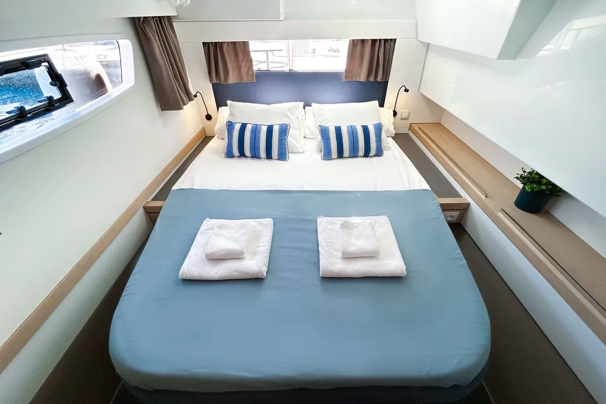 Cabin on Angara, a Fountaine Pajot Tanna 47 catamaran at Marmaris, Turkey