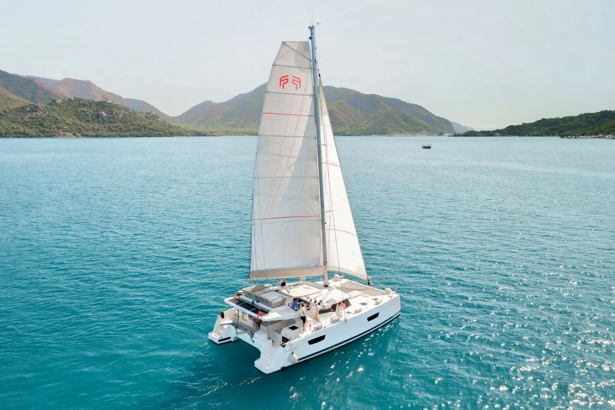 Exterior view of Angara, a Fountaine Pajot Tanna 47 catamaran at Marmaris, Turkey