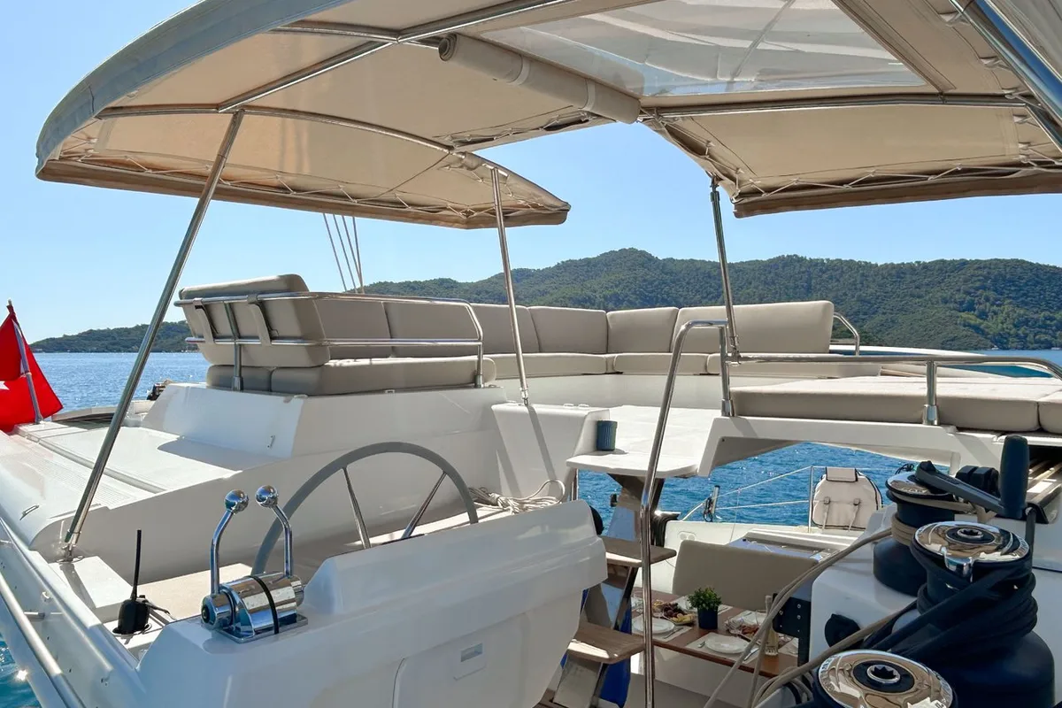 Cockpit of Angara, a Fountaine Pajot Tanna 47 catamaran at Marmaris, Turkey