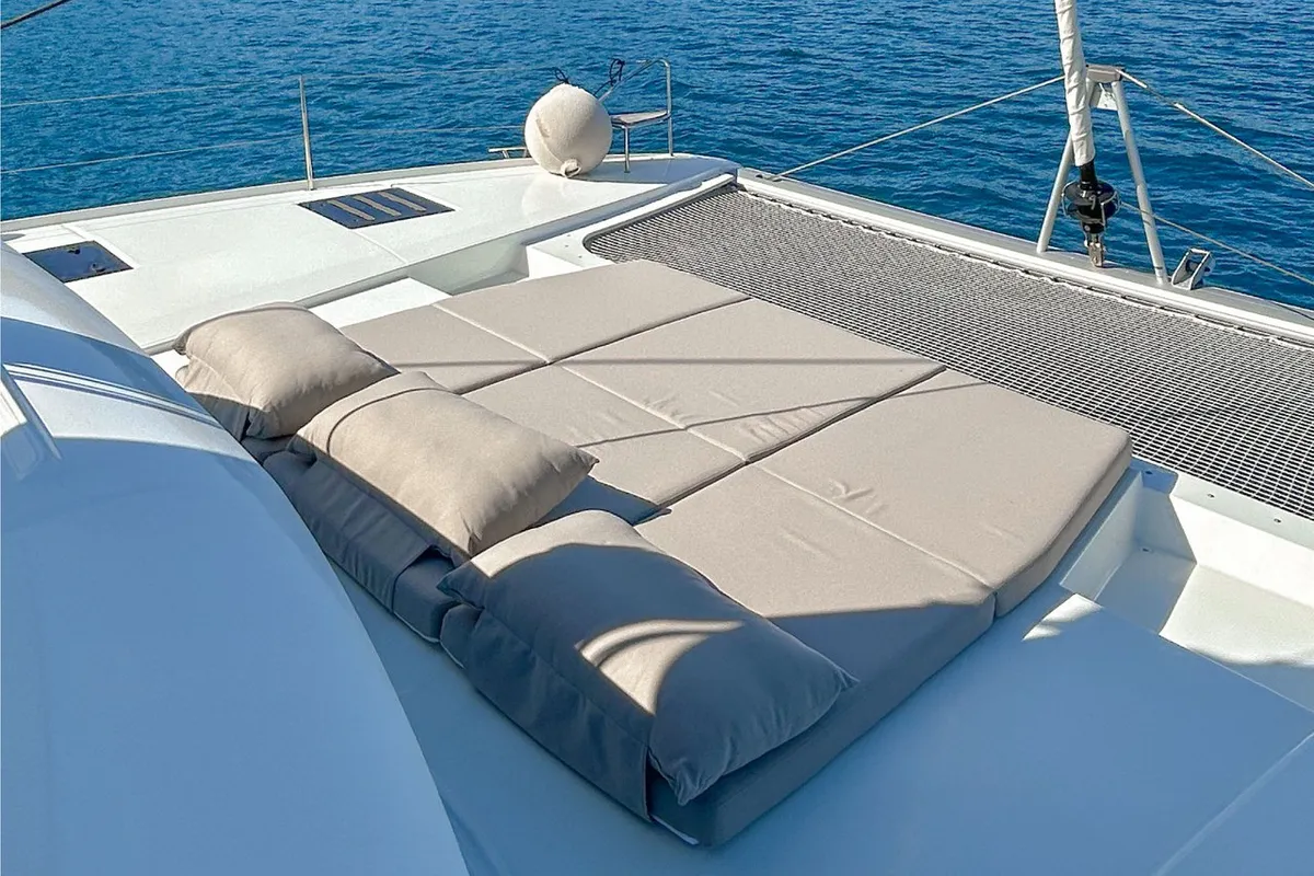 Deck of Angara, a Fountaine Pajot Tanna 47 catamaran at Marmaris, Turkey