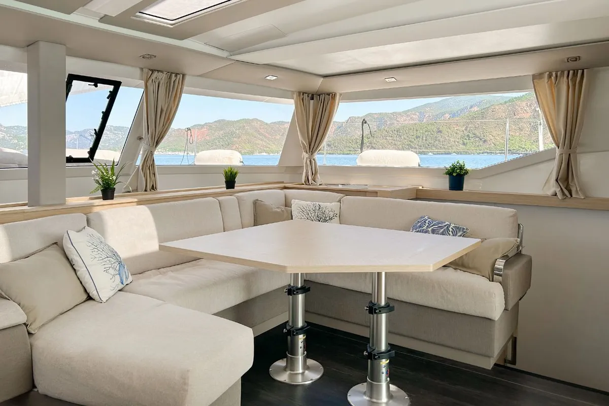 Salon of Angara, a Fountaine Pajot Tanna 47 catamaran at Marmaris, Turkey