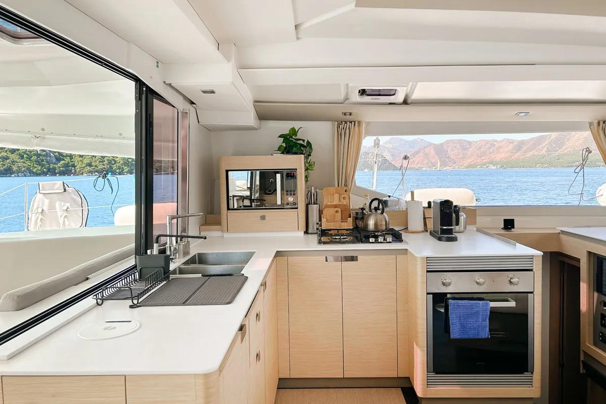 Galley of Angara, a Fountaine Pajot Tanna 47 catamaran at Marmaris, Turkey