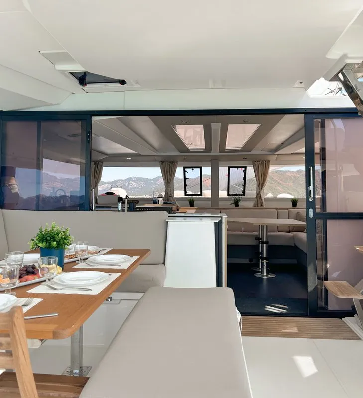 Deck of Angara, a Fountaine Pajot Tanna 47 catamaran at Marmaris, Turkey