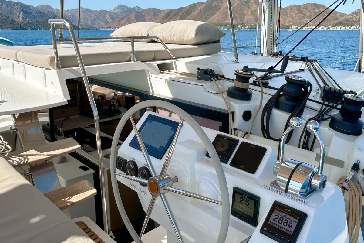 Cockpit of Angara, a Fountaine Pajot Tanna 47 catamaran at Marmaris, Turkey