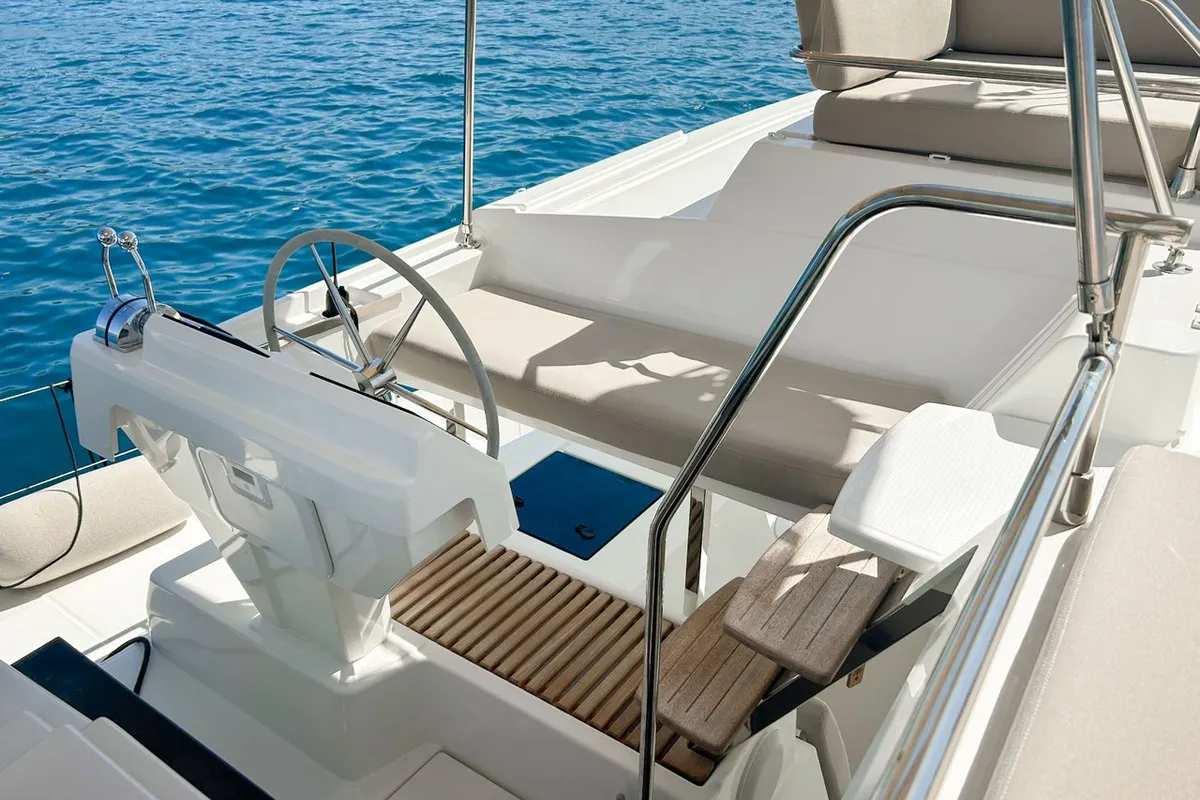 Cockpit of Angara, a Fountaine Pajot Tanna 47 catamaran at Marmaris, Turkey