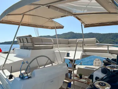 Cockpit of Angara, a Fountaine Pajot Tanna 47 catamaran at Marmaris, Turkey